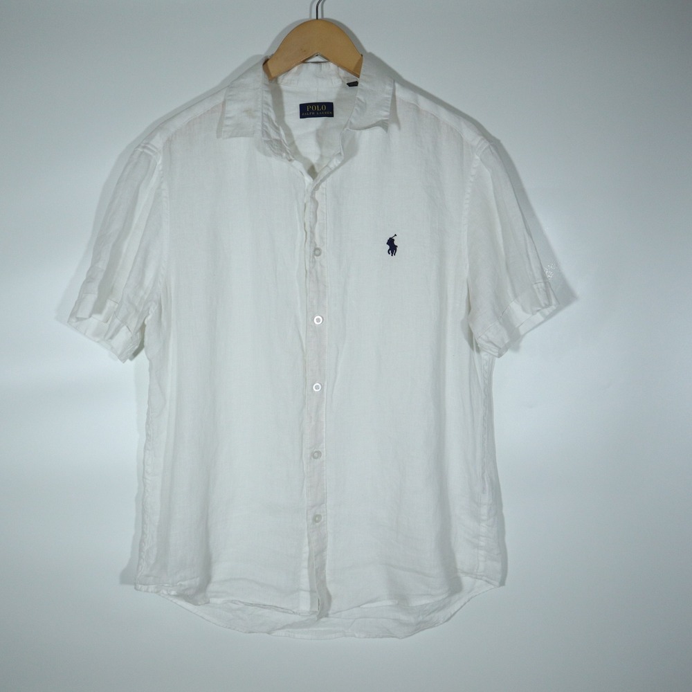 Polo Ralph Lauren Shirt XL Modern White 100% Linen Short Sleeve Button Up